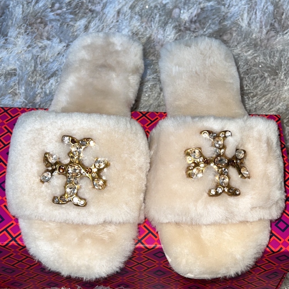 Tory Burch Jeweled logo shearling slides